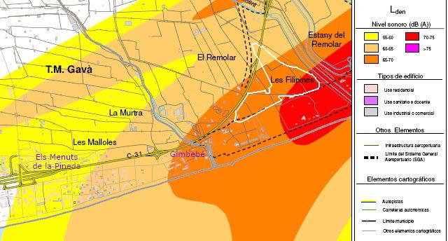Situaci�n del proyecto del Bar�a Parc en el litoral de Viladecans (marcado en color blanco), al lado de Gav� Mar, dentro del mapa estrat�gico del ruido del aeropuerto de Barcelona-El Prat publicado por AENA en diciembre de 2008